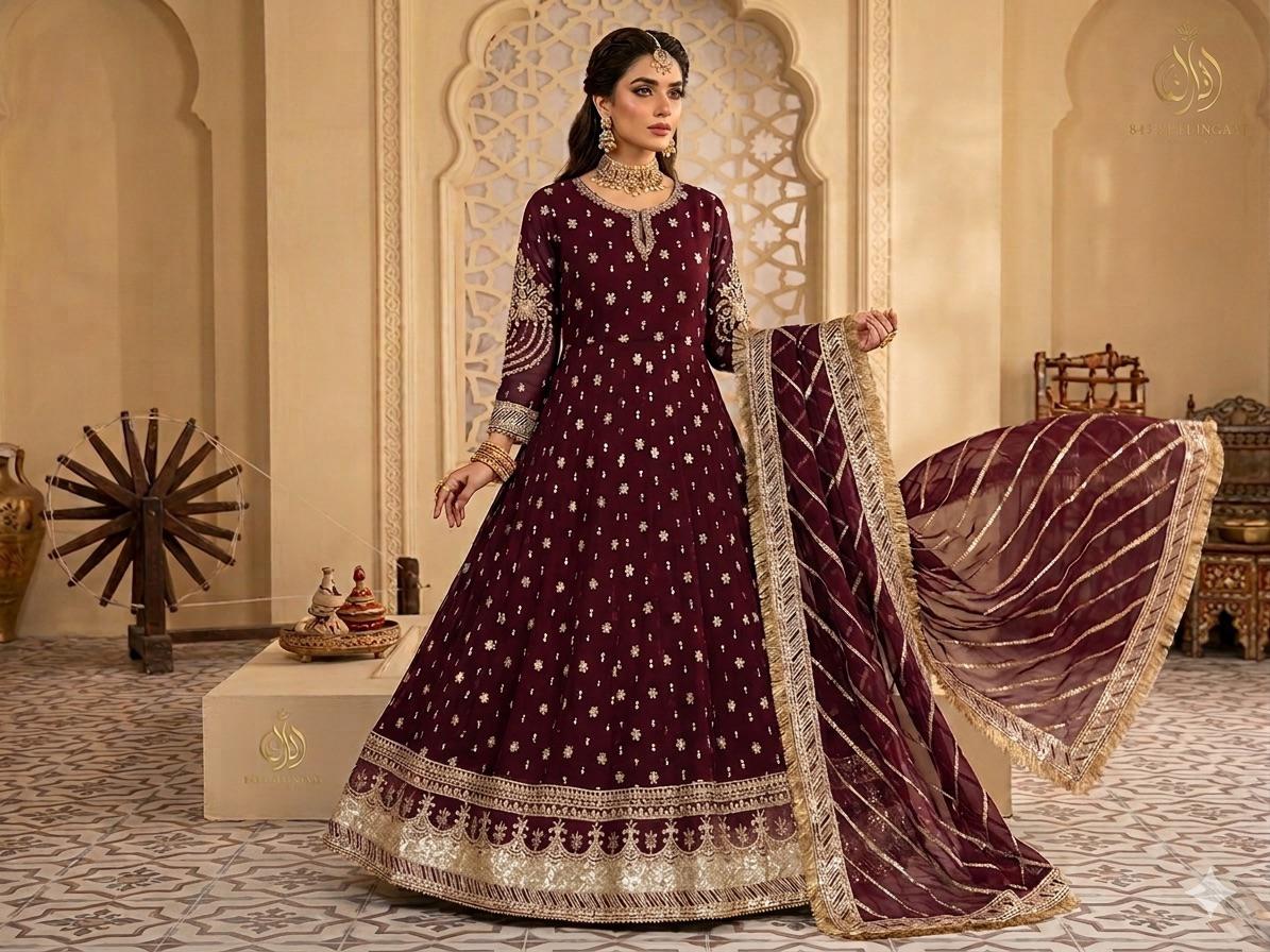 Elegant New Arrival  Shafoon Tilla Embroidered Maxi Set with Hand Embellishments, Embroidered Dupatta & Silk Trouser