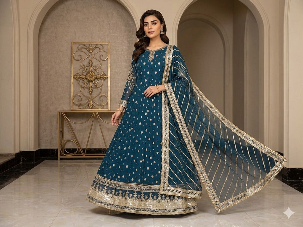Elegant New Arrival  Shafoon Tilla Embroidered Maxi Set with Hand Embellishments, Embroidered Dupatta & Silk Trouser