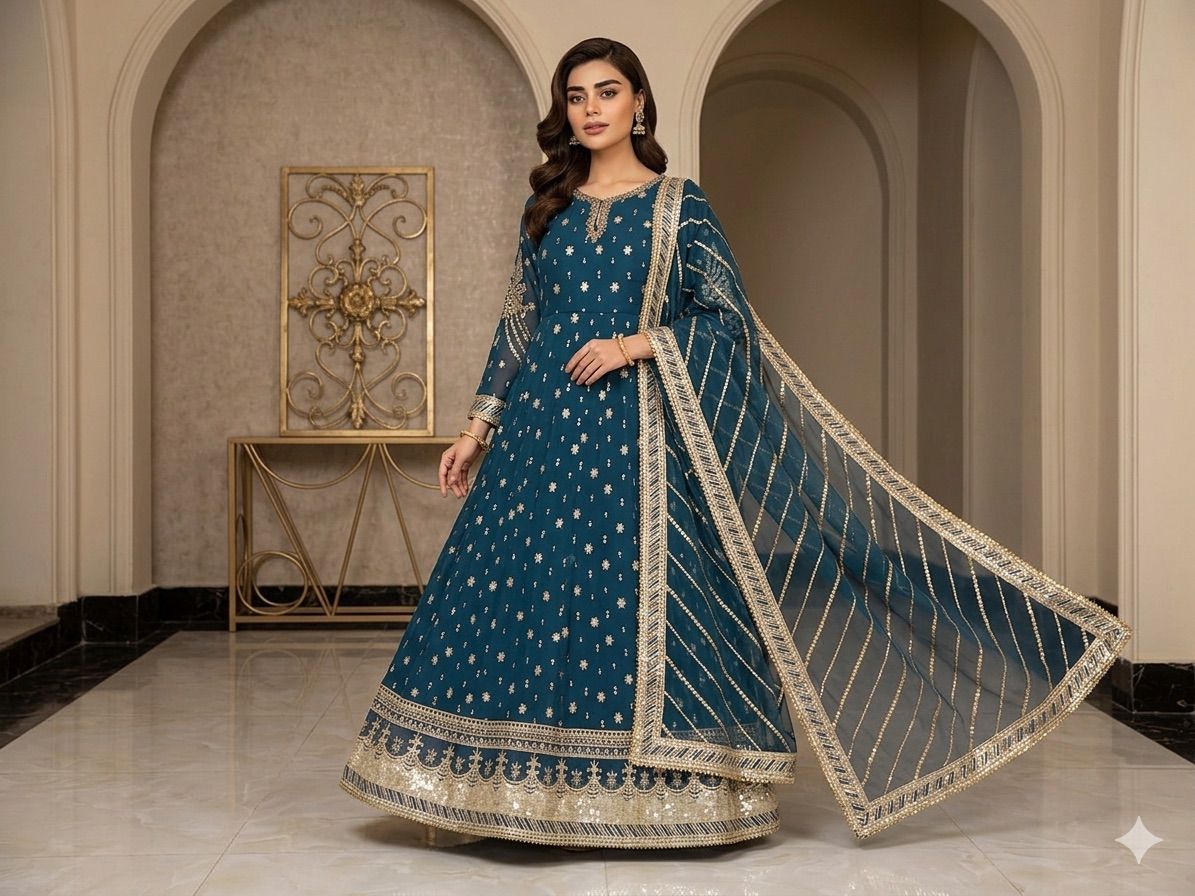 Elegant New Arrival  Shafoon Tilla Embroidered Maxi Set with Hand Embellishments, Embroidered Dupatta & Silk Trouser
