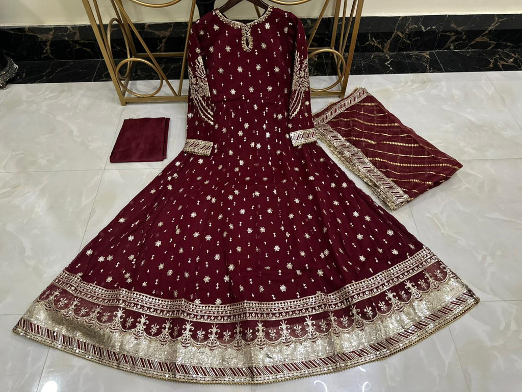Elegant New Arrival  Shafoon Tilla Embroidered Maxi Set with Hand Embellishments, Embroidered Dupatta & Silk Trouser