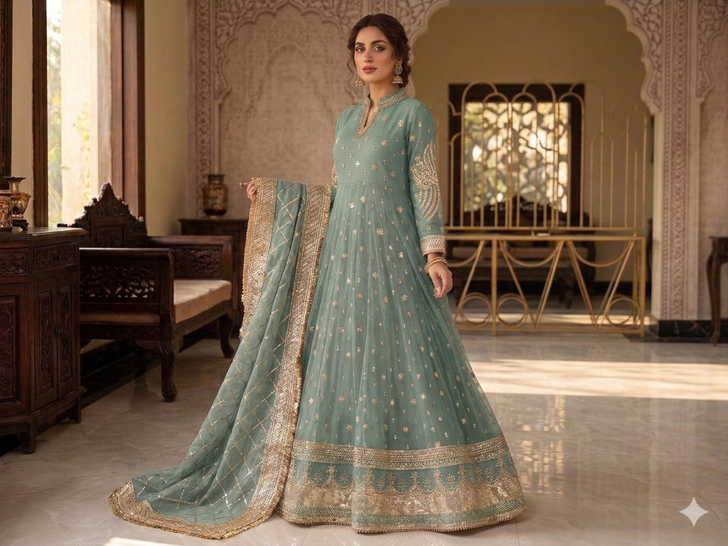 Elegant New Arrival  Shafoon Tilla Embroidered Maxi Set with Hand Embellishments, Embroidered Dupatta & Silk Trouser
