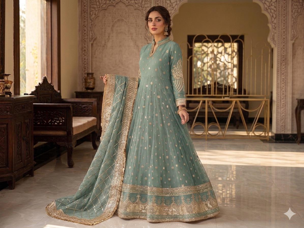 Elegant New Arrival  Shafoon Tilla Embroidered Maxi Set with Hand Embellishments, Embroidered Dupatta & Silk Trouser