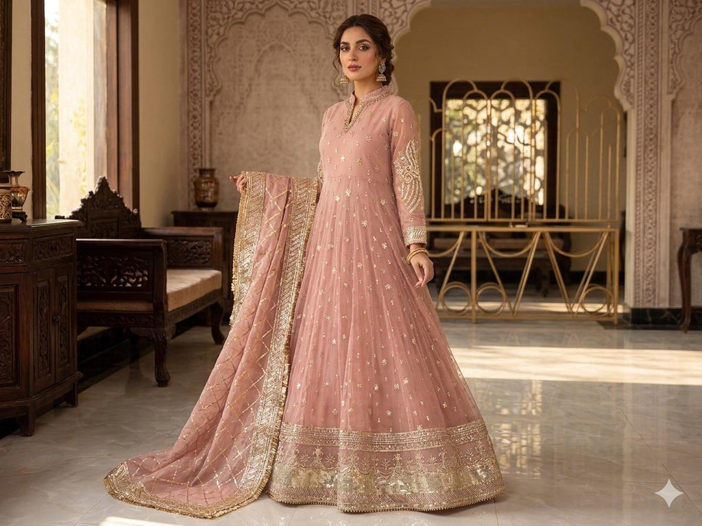 Elegant New Arrival  Shafoon Tilla Embroidered Maxi Set with Hand Embellishments, Embroidered Dupatta & Silk Trouser