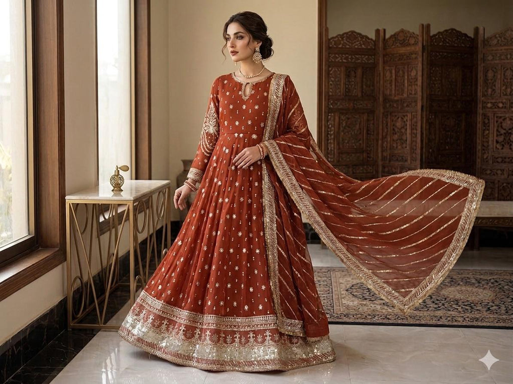 Elegant New Arrival  Shafoon Tilla Embroidered Maxi Set with Hand Embellishments, Embroidered Dupatta & Silk Trouser