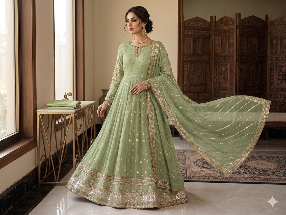 Elegant New Arrival  Shafoon Tilla Embroidered Maxi Set with Hand Embellishments, Embroidered Dupatta & Silk Trouser