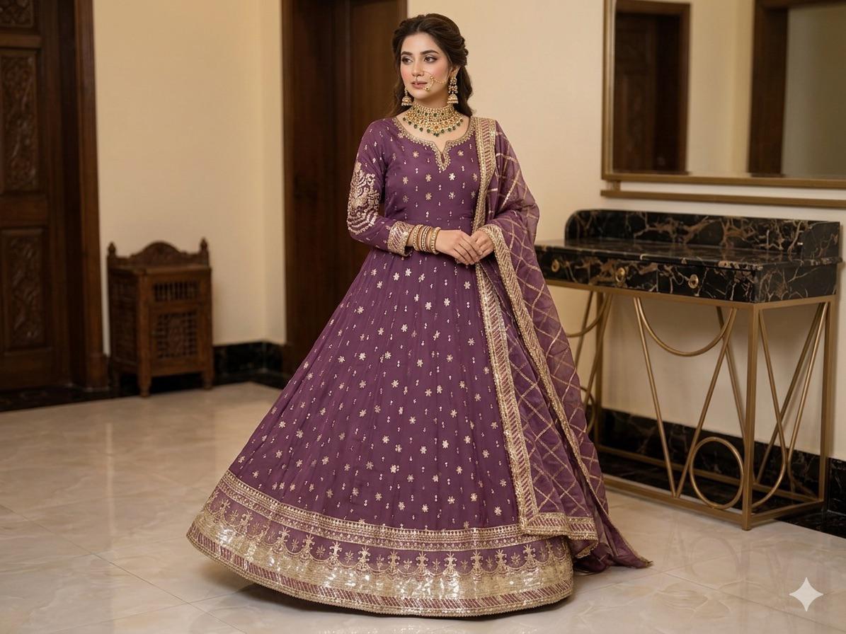Elegant New Arrival  Shafoon Tilla Embroidered Maxi Set with Hand Embellishments, Embroidered Dupatta & Silk Trouser