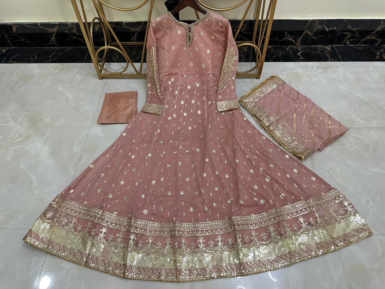 Elegant New Arrival  Shafoon Tilla Embroidered Maxi Set with Hand Embellishments, Embroidered Dupatta & Silk Trouser