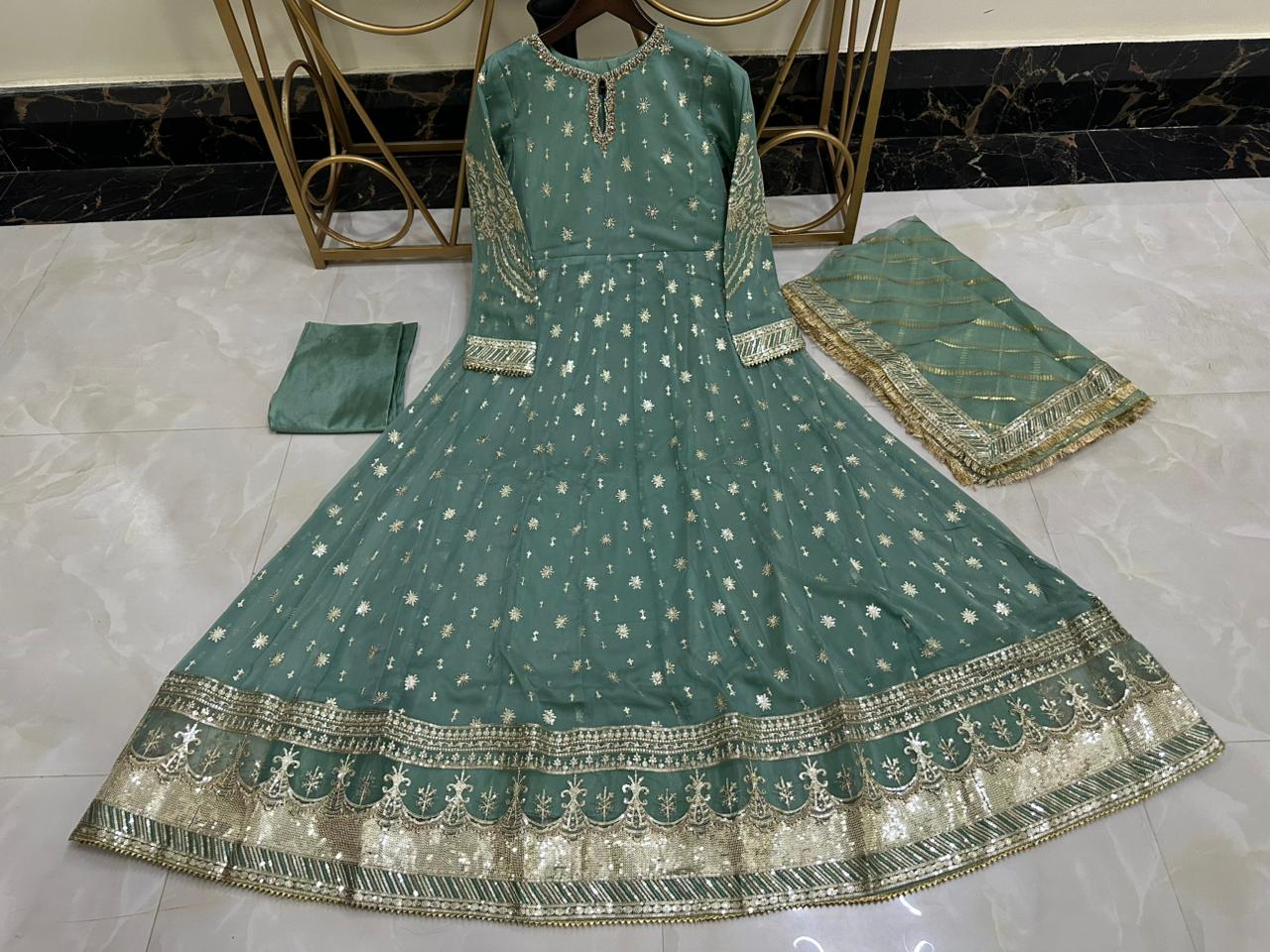 Elegant New Arrival  Shafoon Tilla Embroidered Maxi Set with Hand Embellishments, Embroidered Dupatta & Silk Trouser