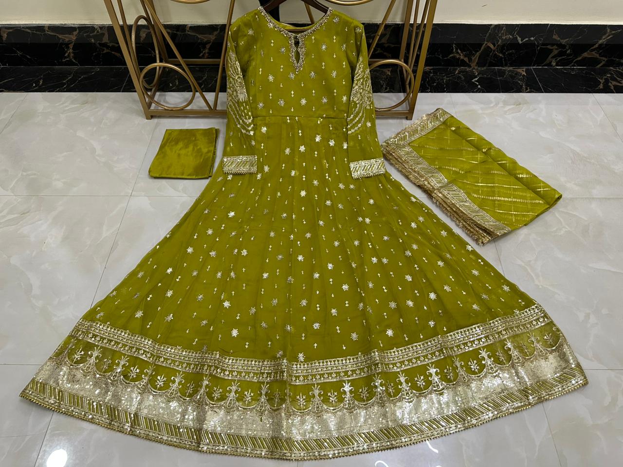 Elegant New Arrival  Shafoon Tilla Embroidered Maxi Set with Hand Embellishments, Embroidered Dupatta & Silk Trouser