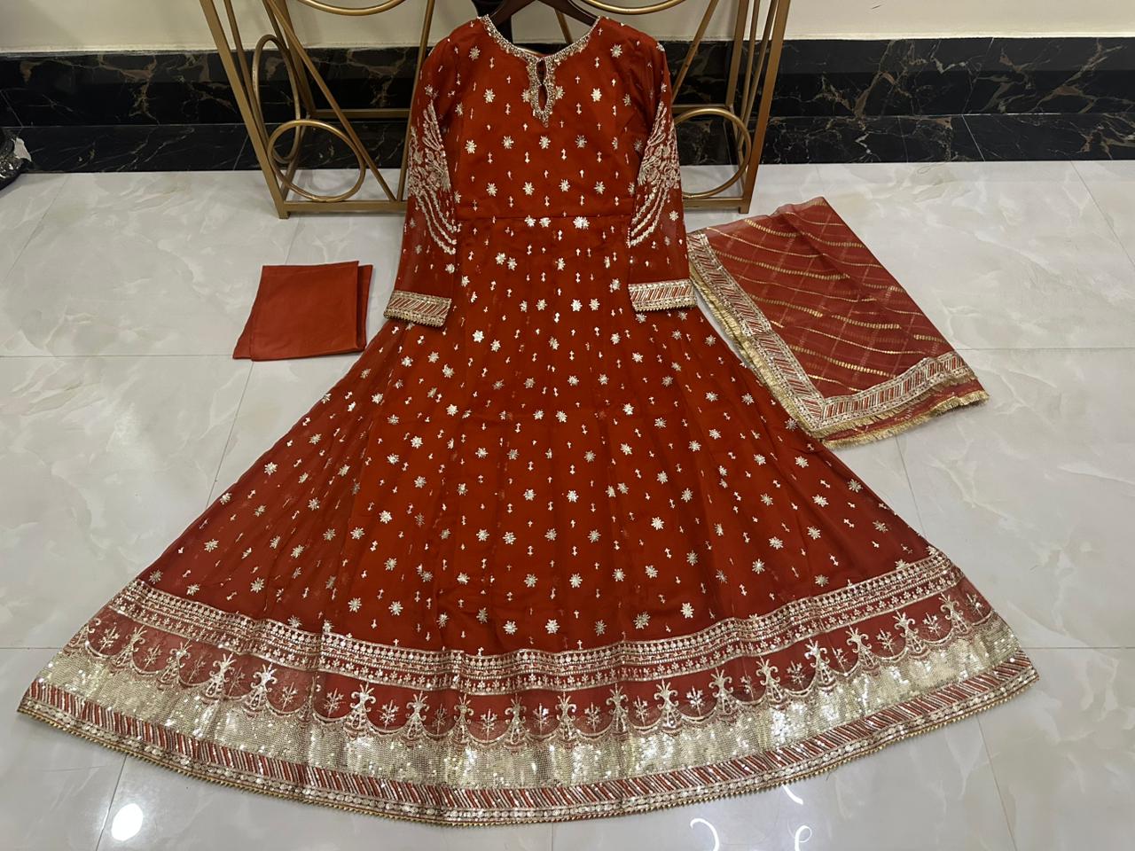 Elegant New Arrival  Shafoon Tilla Embroidered Maxi Set with Hand Embellishments, Embroidered Dupatta & Silk Trouser