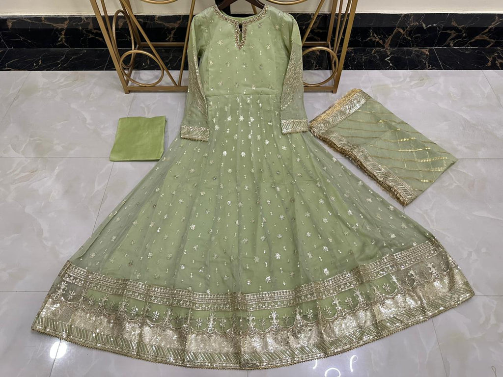 Elegant New Arrival  Shafoon Tilla Embroidered Maxi Set with Hand Embellishments, Embroidered Dupatta & Silk Trouser