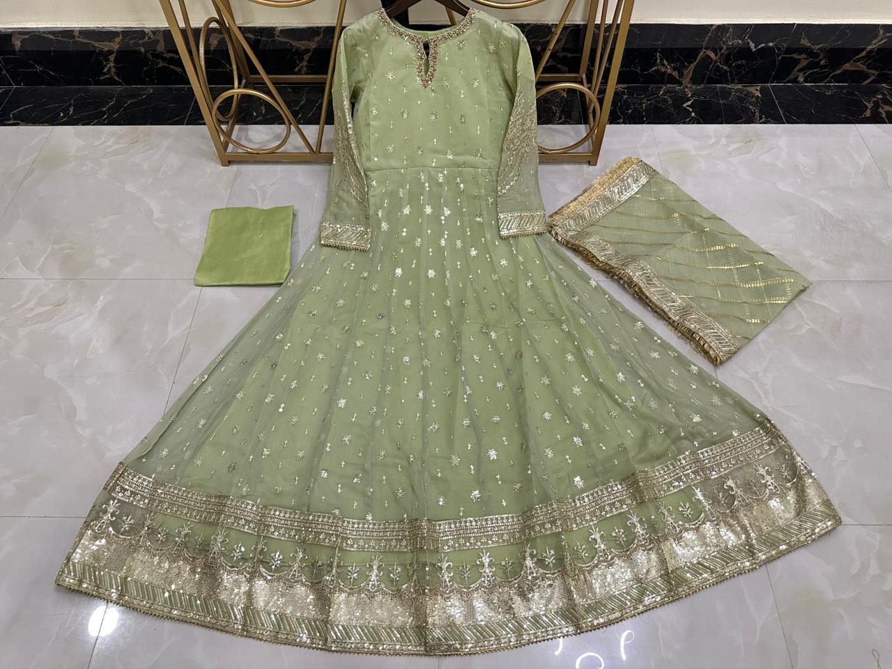 Elegant New Arrival  Shafoon Tilla Embroidered Maxi Set with Hand Embellishments, Embroidered Dupatta & Silk Trouser