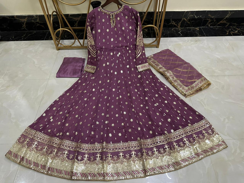 Elegant New Arrival  Shafoon Tilla Embroidered Maxi Set with Hand Embellishments, Embroidered Dupatta & Silk Trouser