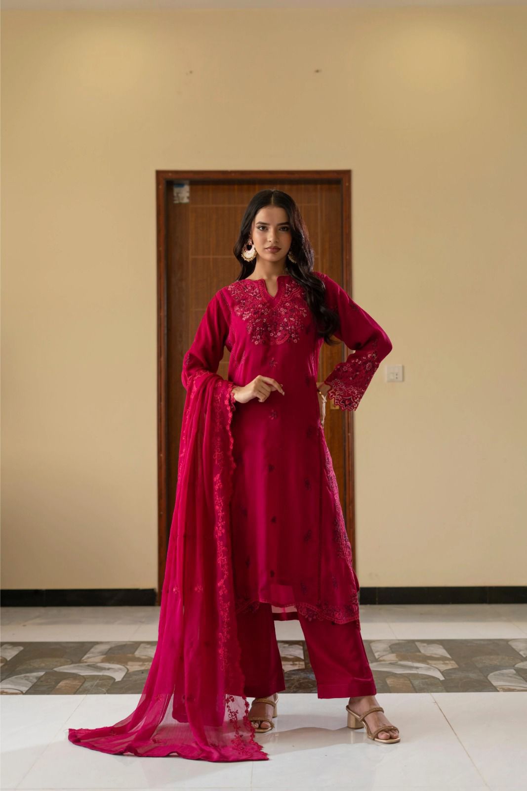 CHIFFON 3 PIECE COLLECTION WITH COTTON SILK INNER N RAWSILK PLAZO