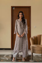 CHIFFON 3 PIECE COLLECTION WITH COTTON SILK INNER N RAWSILK PLAZO