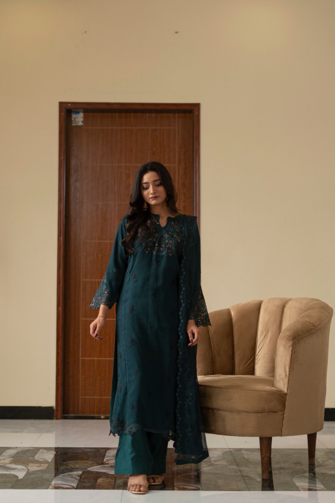 CHIFFON 3 PIECE COLLECTION WITH COTTON SILK INNER N RAWSILK PLAZO