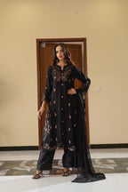 CHIFFON 3 PIECE COLLECTION WITH COTTON SILK INNER N RAWSILK PLAZO