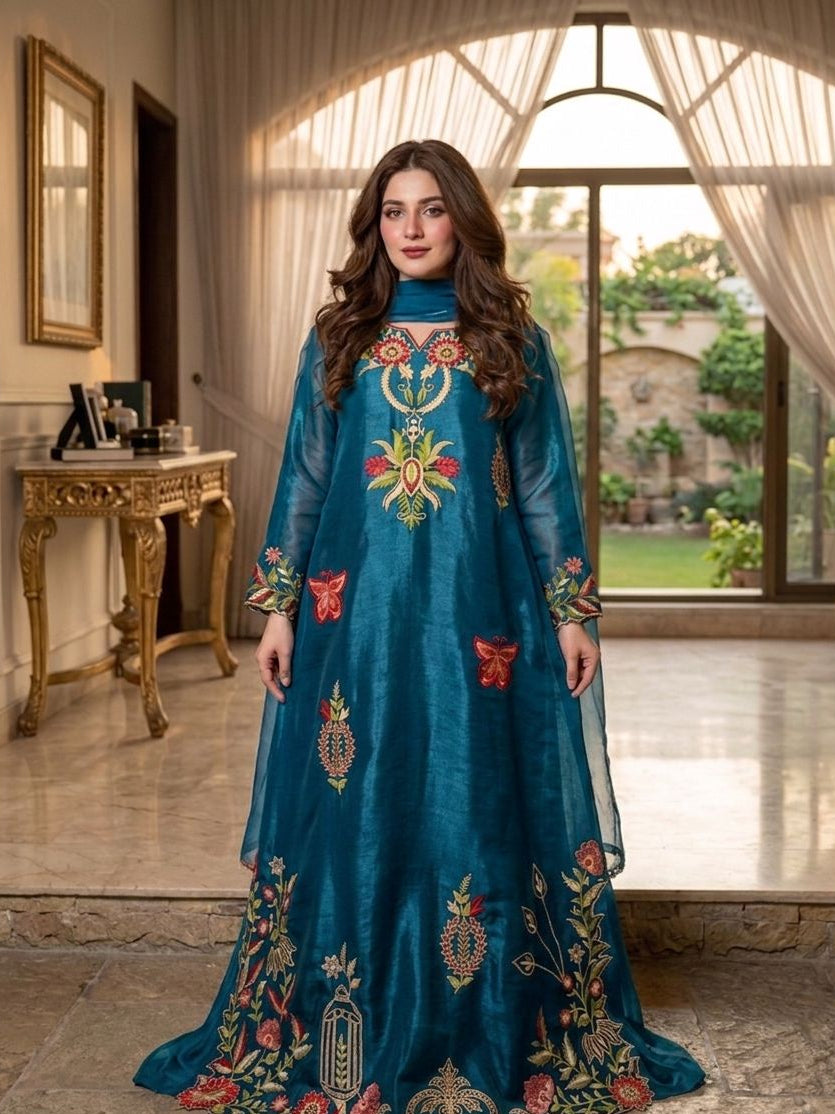 Sheeshasilk Heavy Embroidered Stiched Kaaftan All Cutwork in Daman & Chawks