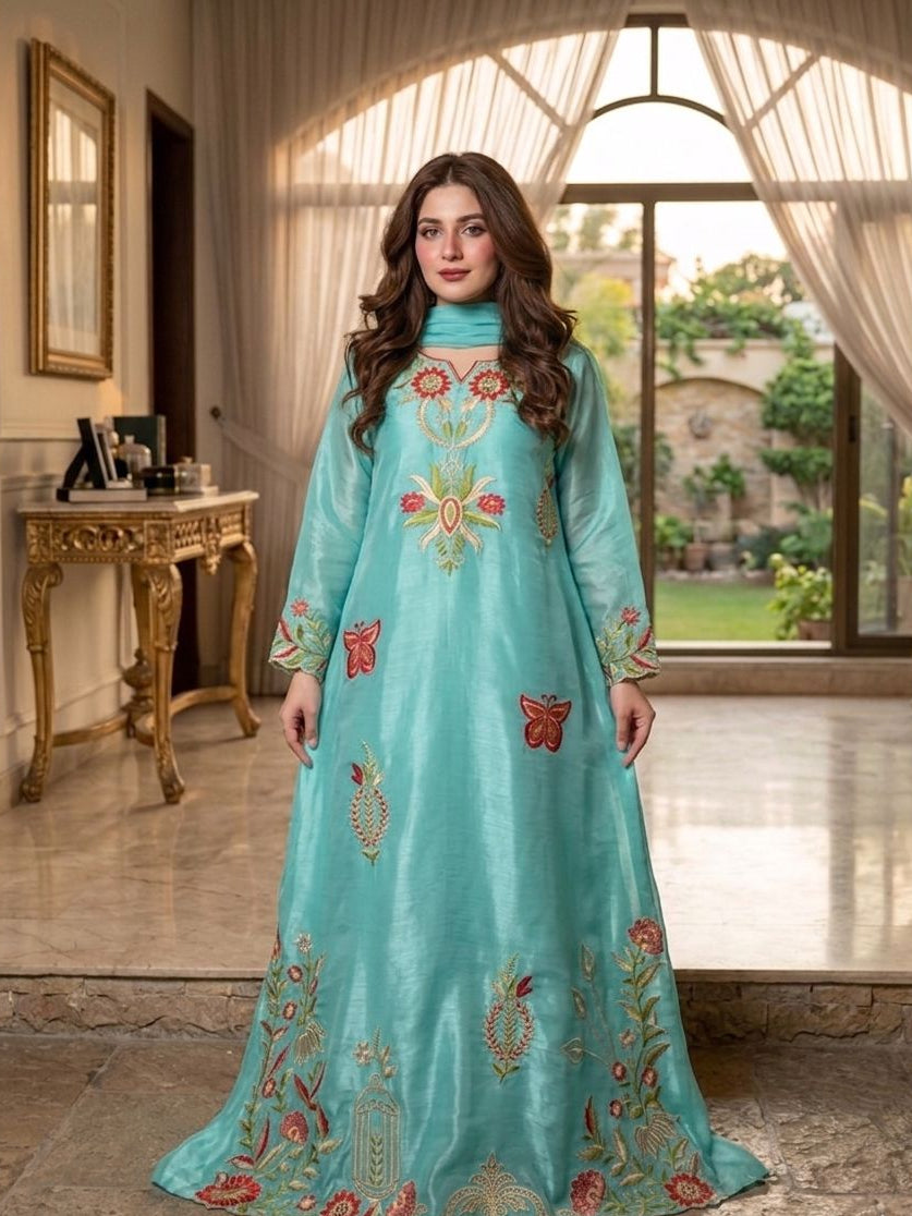 Sheeshasilk Heavy Embroidered Stiched Kaaftan All Cutwork in Daman & Chawks