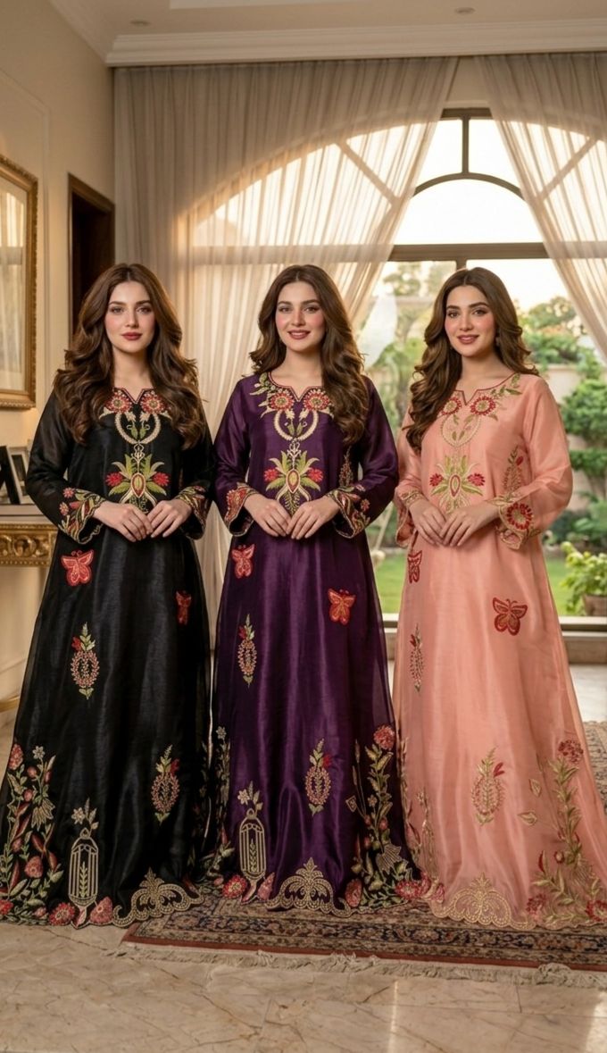 Sheeshasilk Heavy Embroidered Stiched Kaaftan All Cutwork in Daman & Chawks