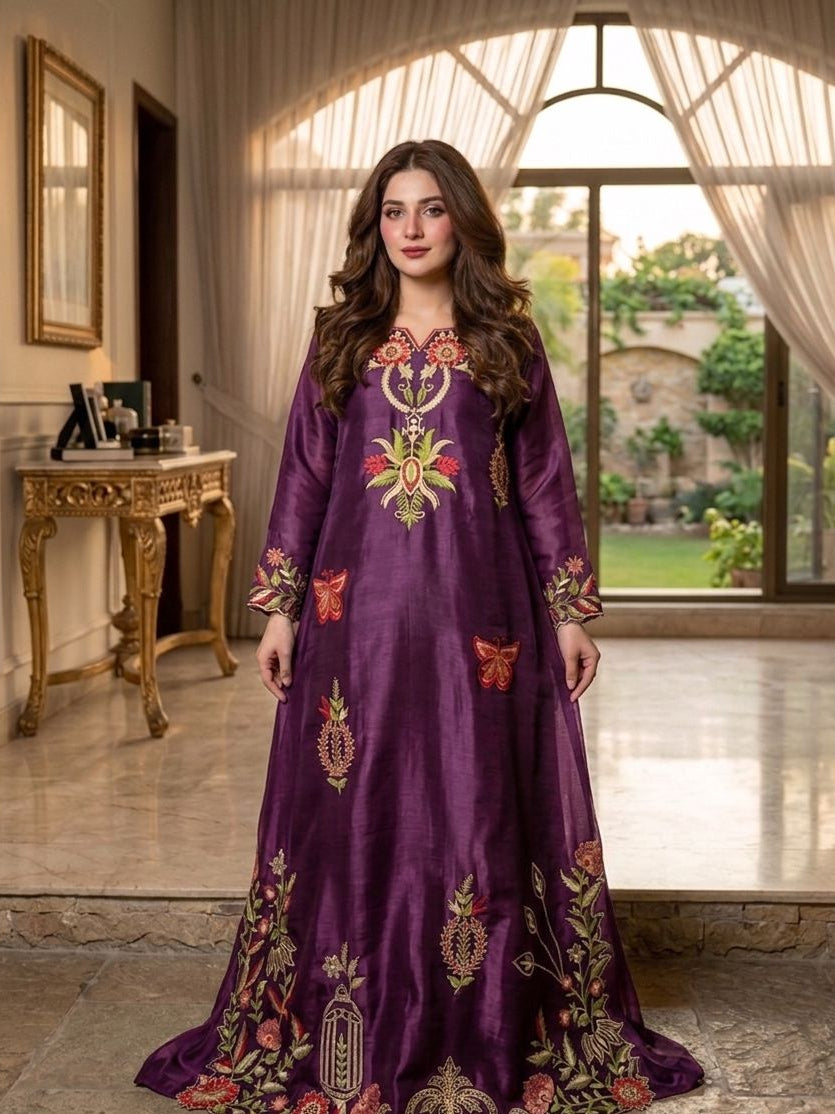 Sheeshasilk Heavy Embroidered Stiched Kaaftan All Cutwork in Daman & Chawks