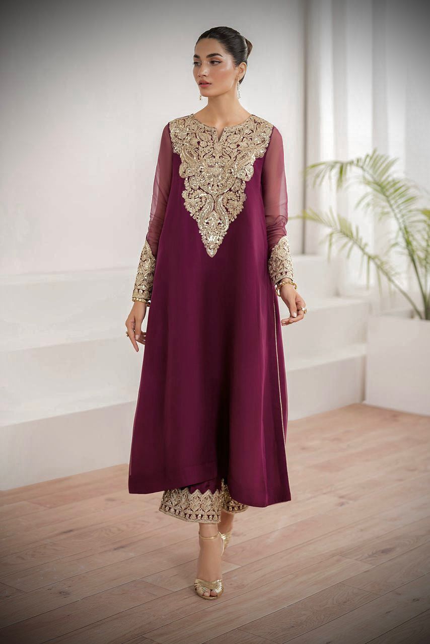 Ready To Wear 3 Pcs Purple Plum Chiffon