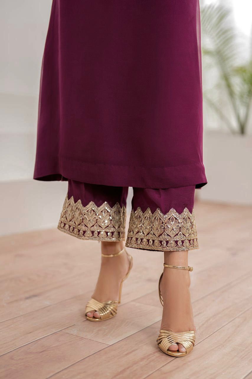 Ready To Wear 3 Pcs Purple Plum Chiffon