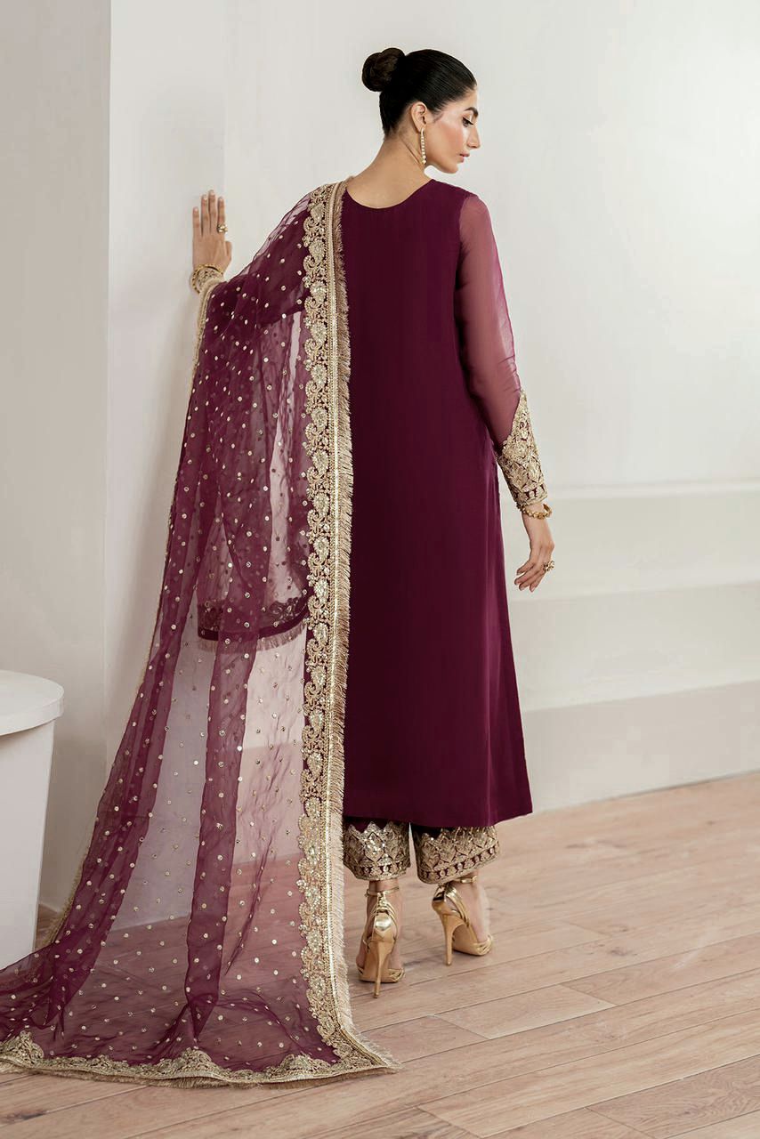 Ready To Wear 3 Pcs Purple Plum Chiffon
