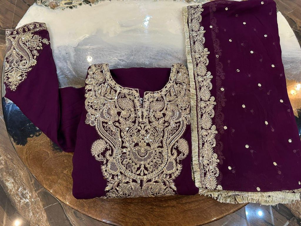 Ready To Wear 3 Pcs Purple Plum Chiffon