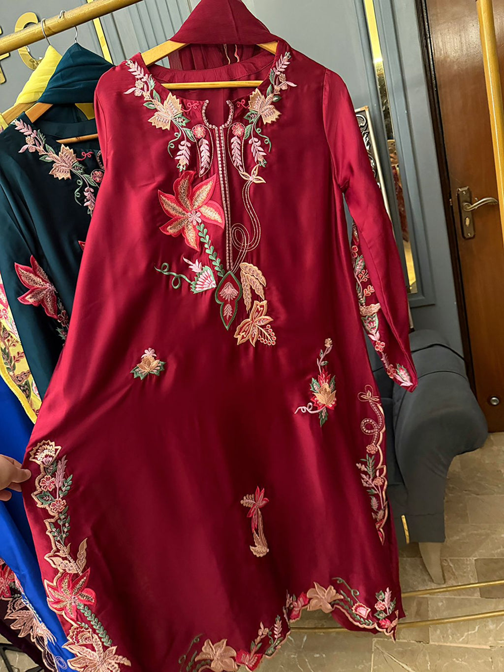 Russian silk Heavy Embroidered With Sequence Work Kaaftan