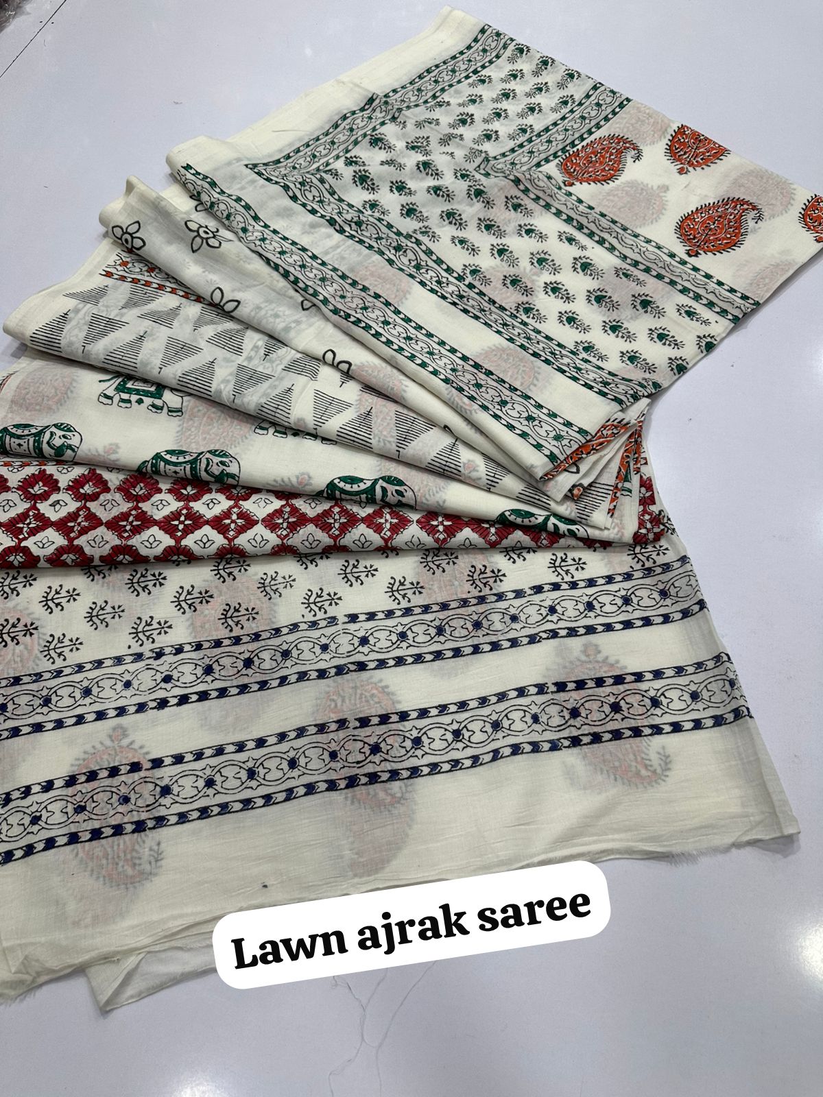 Fine Lawn Ajrak Organic Print Saree With Blouse