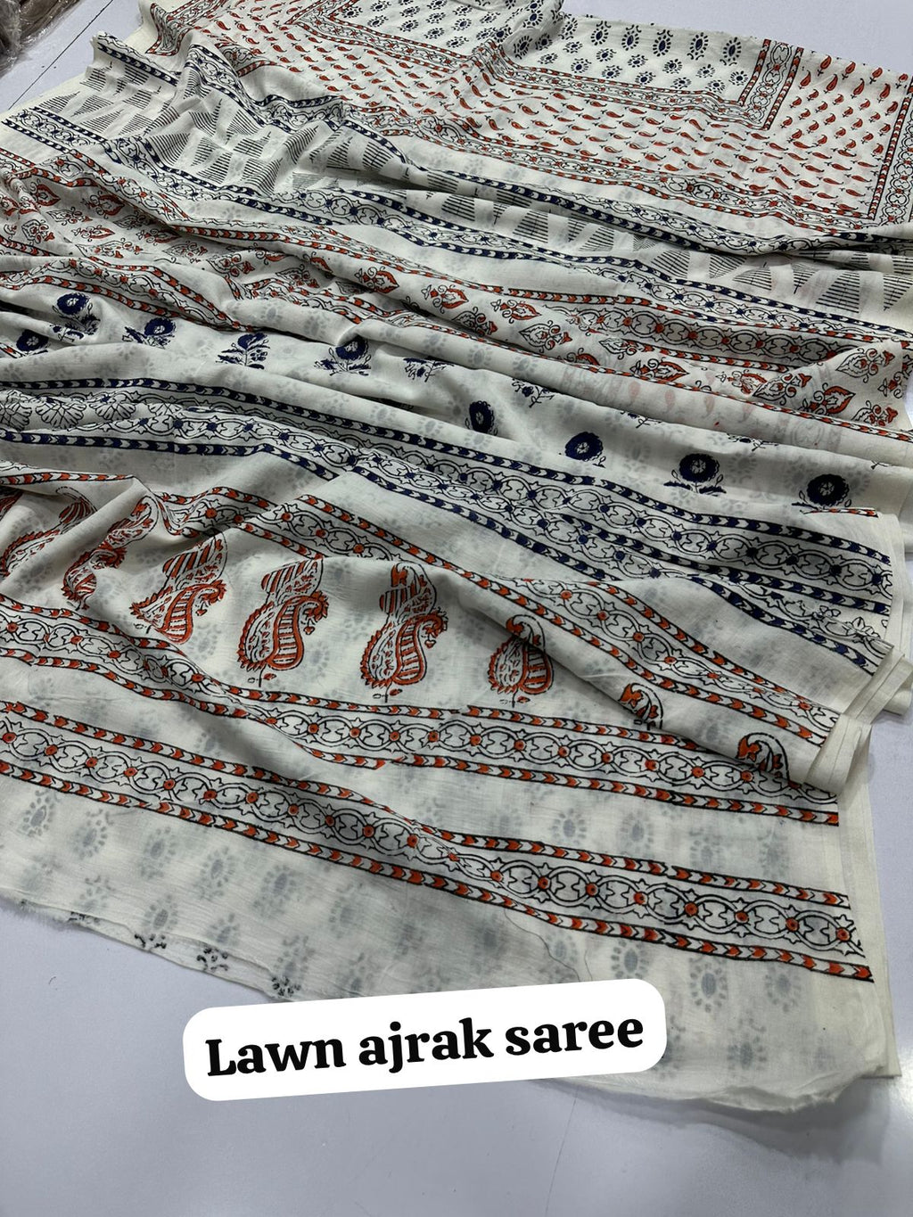 Fine Lawn Ajrak Organic Print Saree With Blouse
