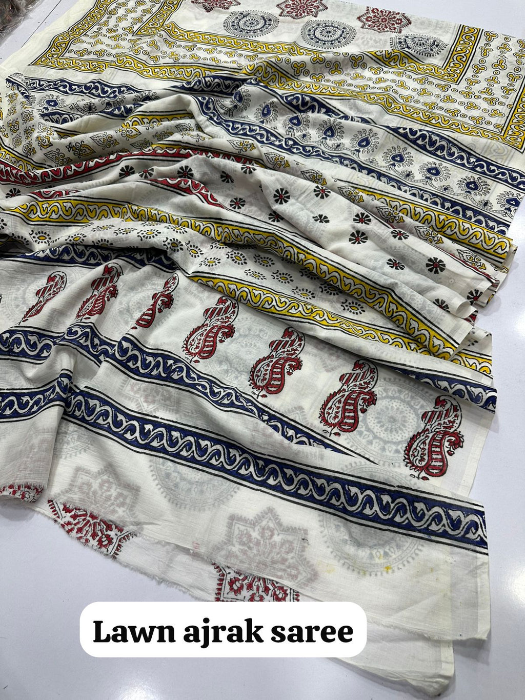 Fine Lawn Ajrak Organic Print Saree With Blouse