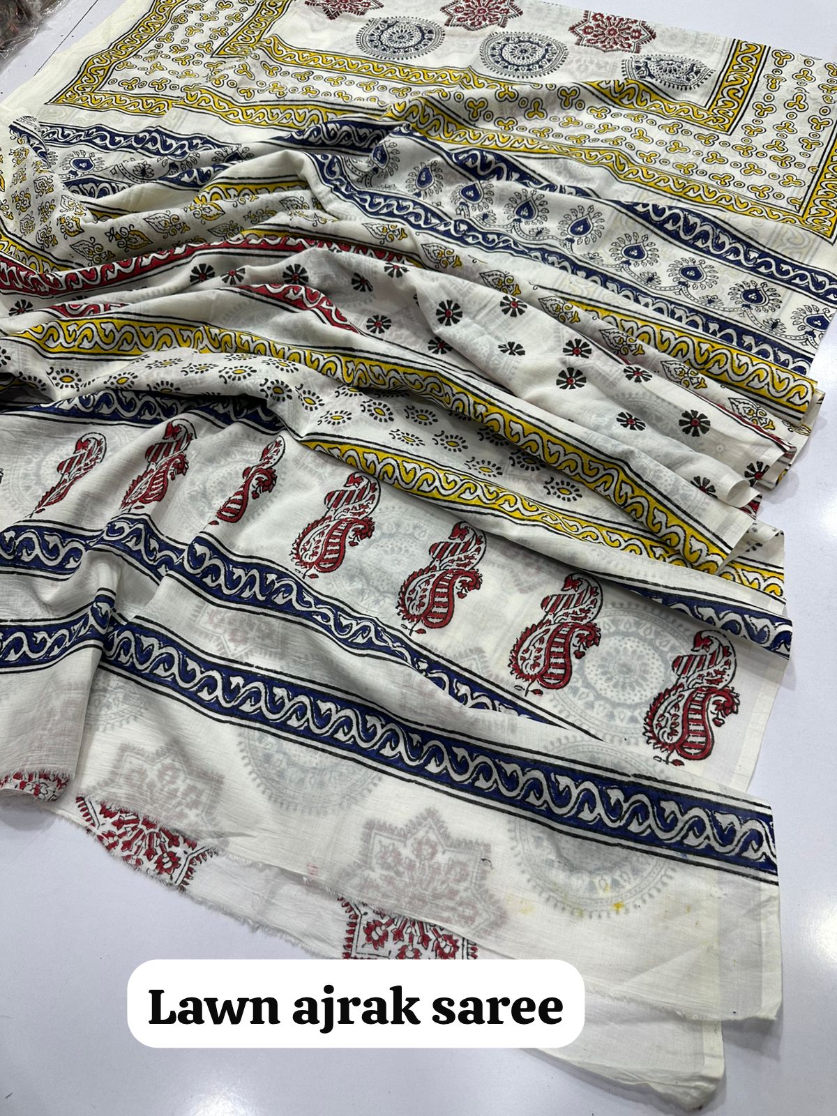 Fine Lawn Ajrak Organic Print Saree With Blouse