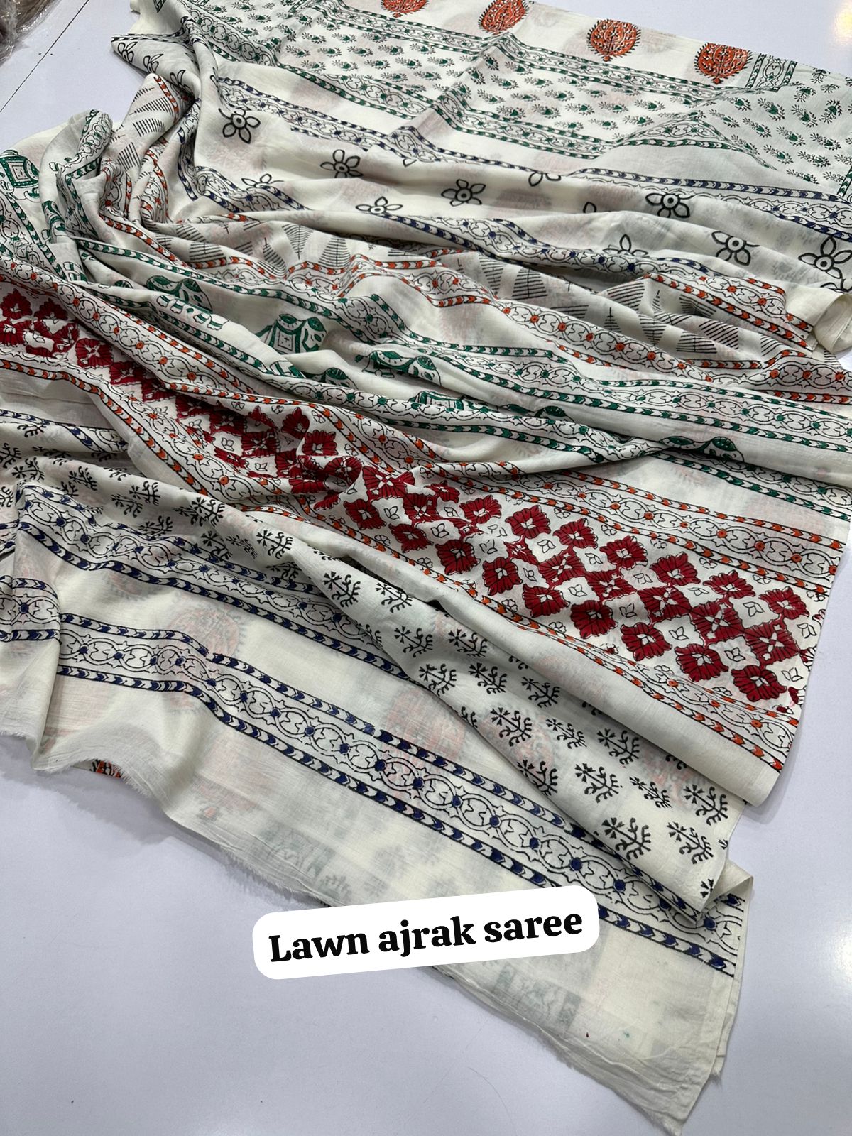 Fine Lawn Ajrak Organic Print Saree With Blouse