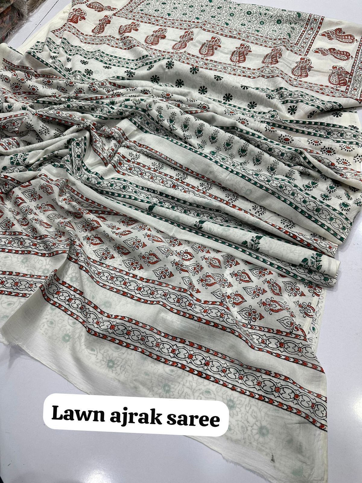 Fine Lawn Ajrak Organic Print Saree With Blouse