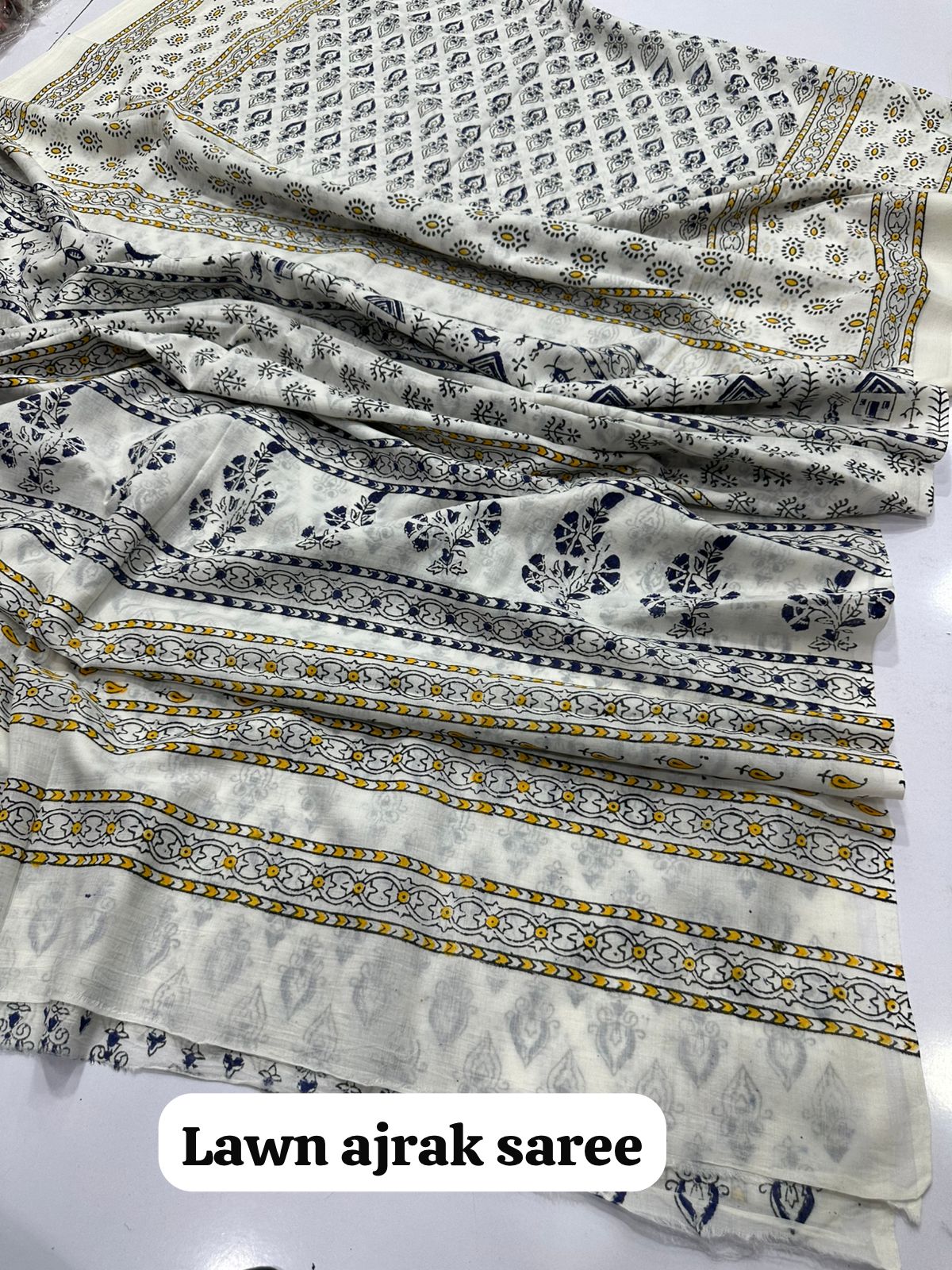 Fine Lawn Ajrak Organic Print Saree With Blouse