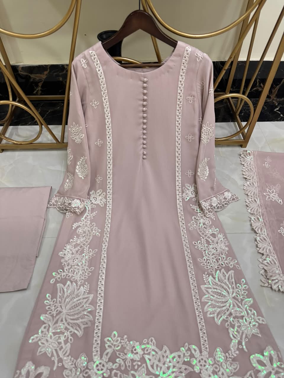 New Pure Chiffon Embroidered Shirt with Cutwork Dupatta
