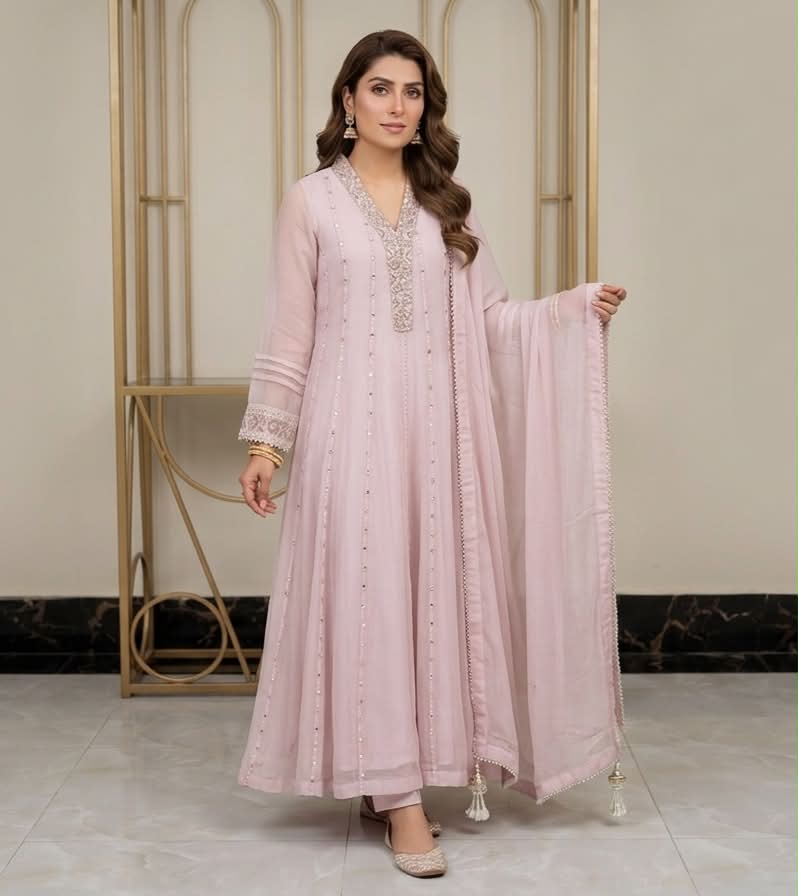 New Pure Chiffon Beautiful Embroidered And Hand Pearls Work 3 Pcs