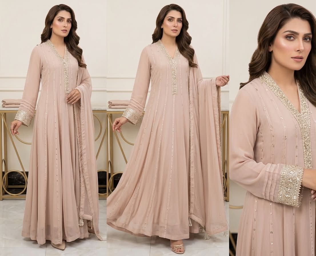 New Pure Chiffon Beautiful Embroidered And Hand Pearls Work 3 Pcs