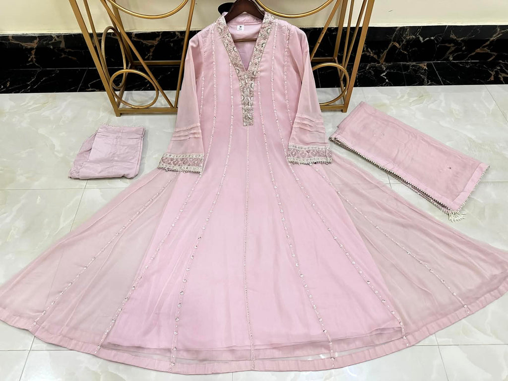 New Pure Chiffon Beautiful Embroidered And Hand Pearls Work 3 Pcs