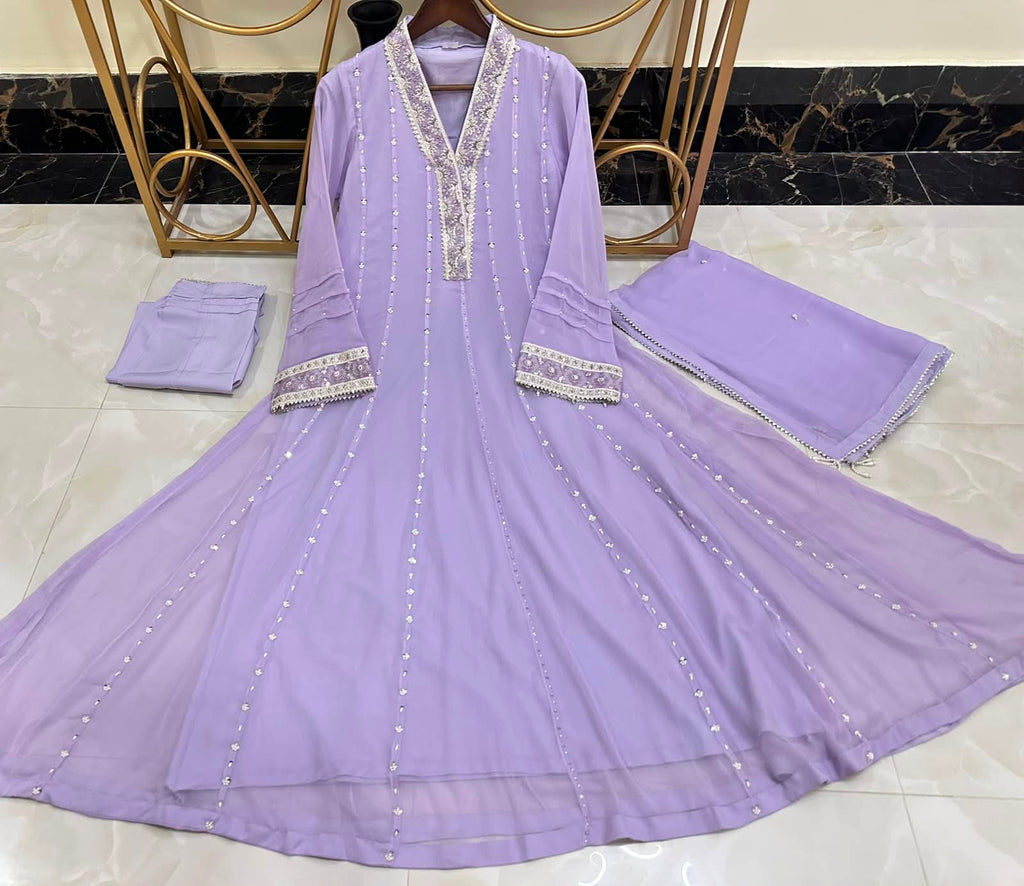 New Pure Chiffon Beautiful Embroidered And Hand Pearls Work 3 Pcs