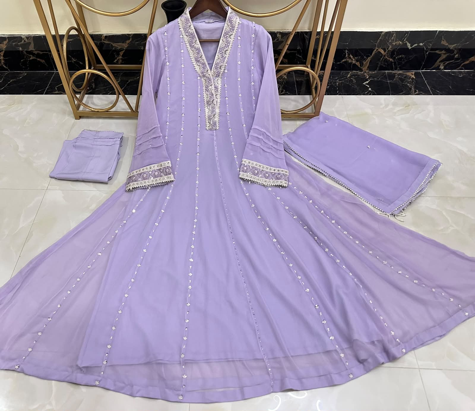 New Pure Chiffon Beautiful Embroidered And Hand Pearls Work 3 Pcs