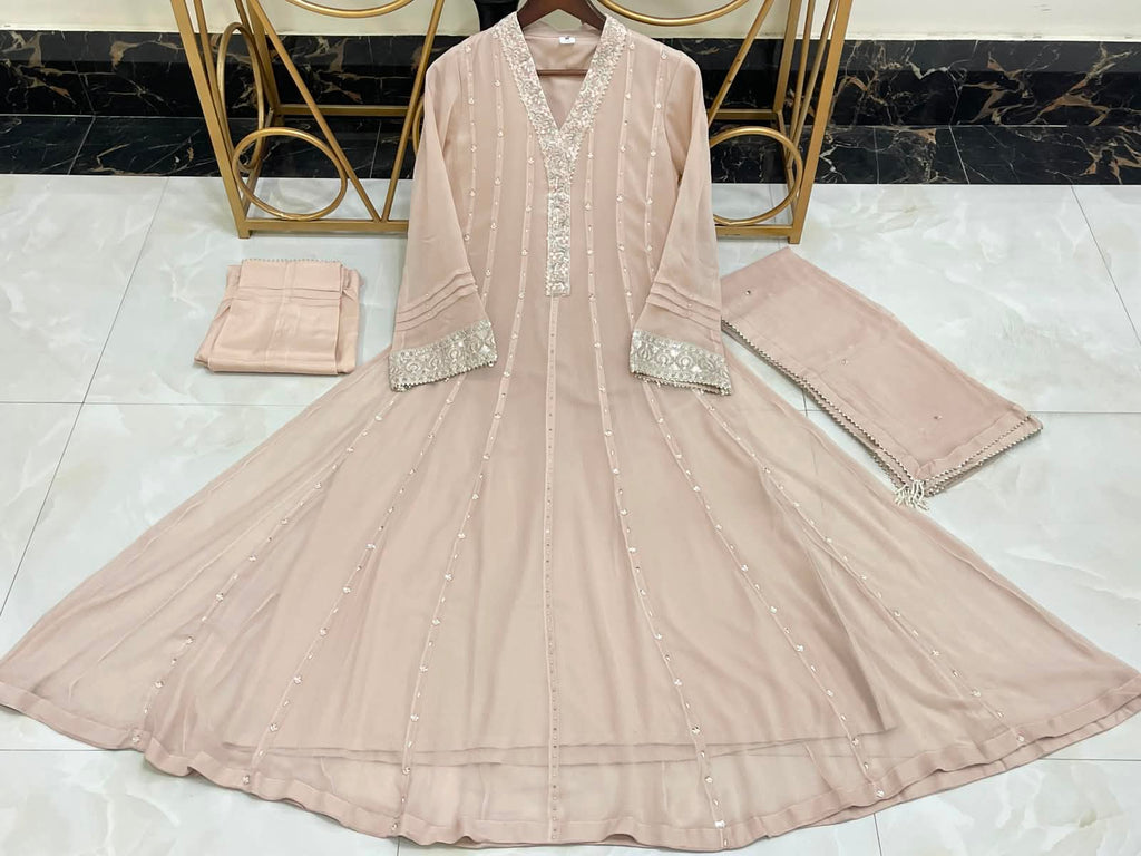 New Pure Chiffon Beautiful Embroidered And Hand Pearls Work 3 Pcs