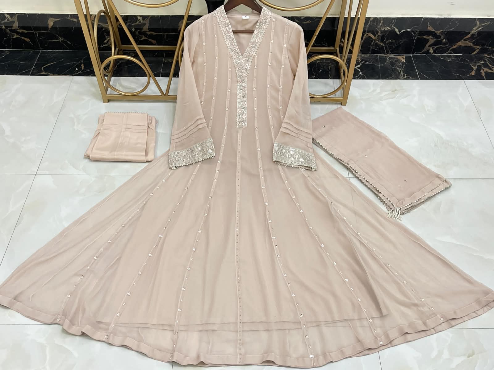 New Pure Chiffon Beautiful Embroidered And Hand Pearls Work 3 Pcs