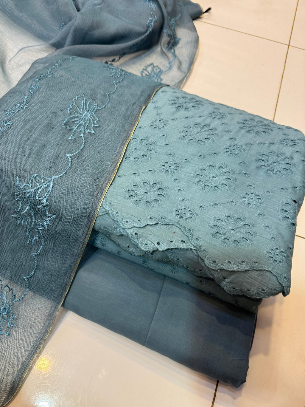 Pure Lawn Chikankari Cutwork Dress with Cotton Khaddi Net Dupatta