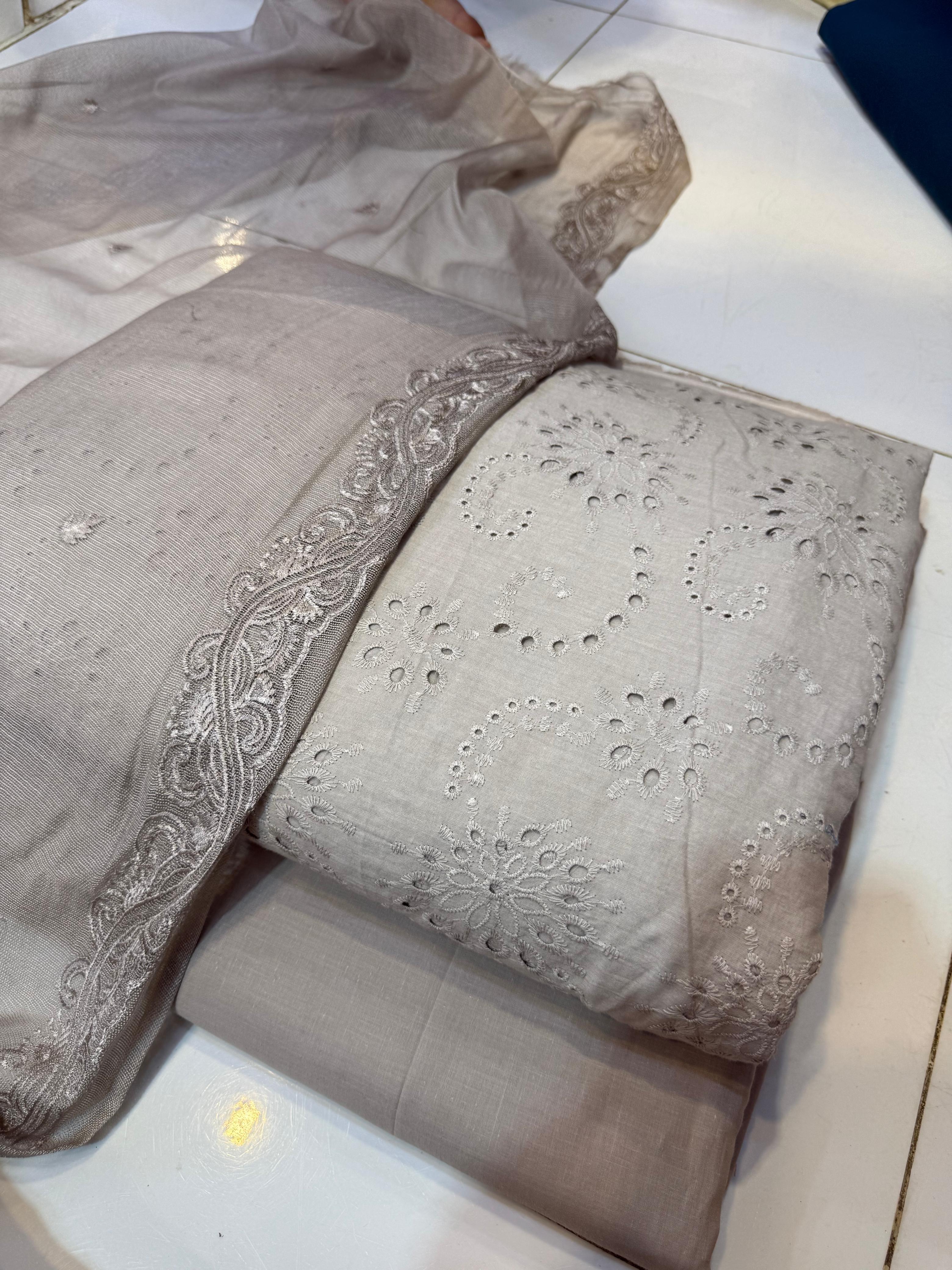 Pure Lawn Chikankari Cutwork Dress with Cotton Khaddi Net Dupatta