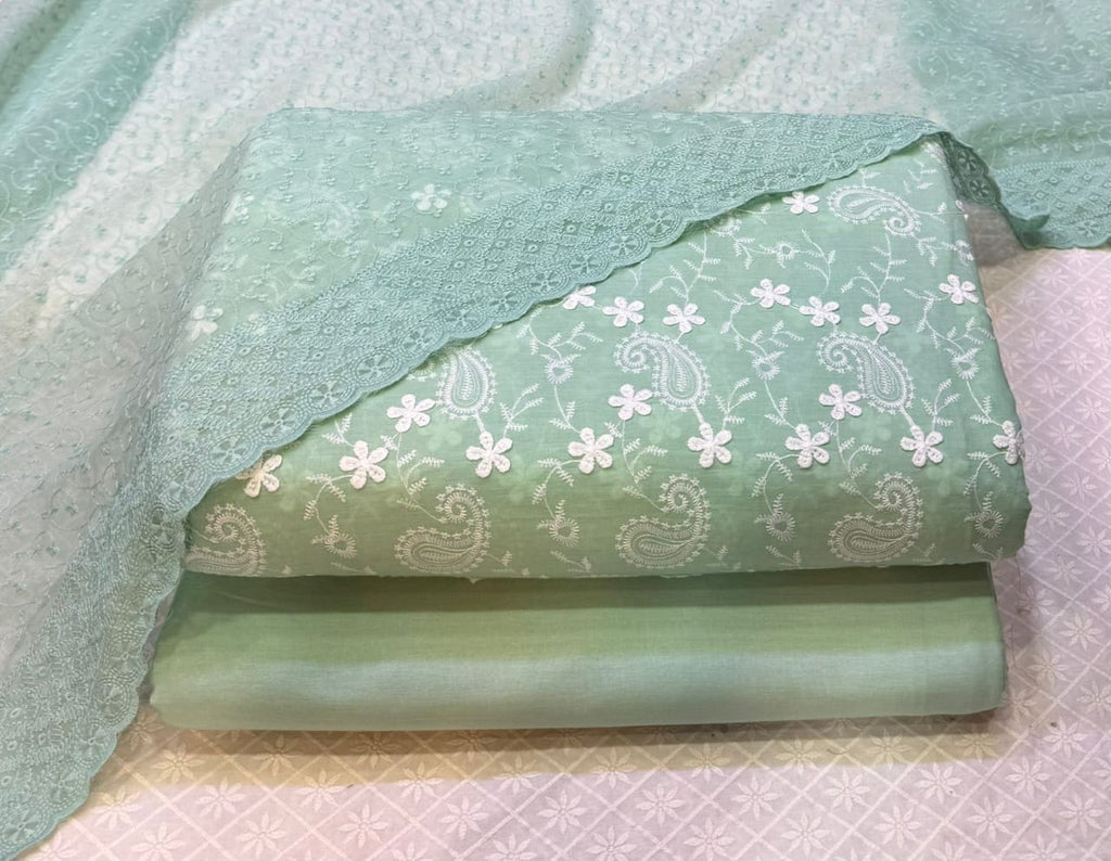 3D Chikankari Embroidered Shirt with Plain Pants & Chiffon Chikankari Dupatta