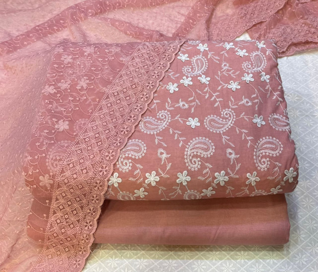 3D Chikankari Embroidered Shirt with Plain Pants & Chiffon Chikankari Dupatta