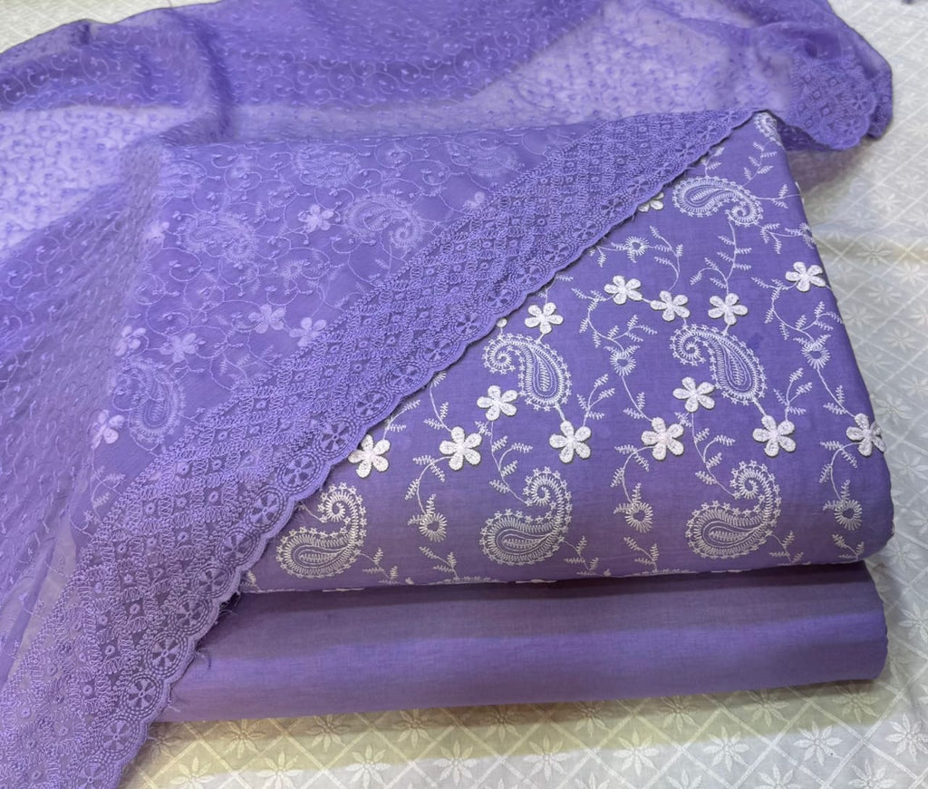 3D Chikankari Embroidered Shirt with Plain Pants & Chiffon Chikankari Dupatta